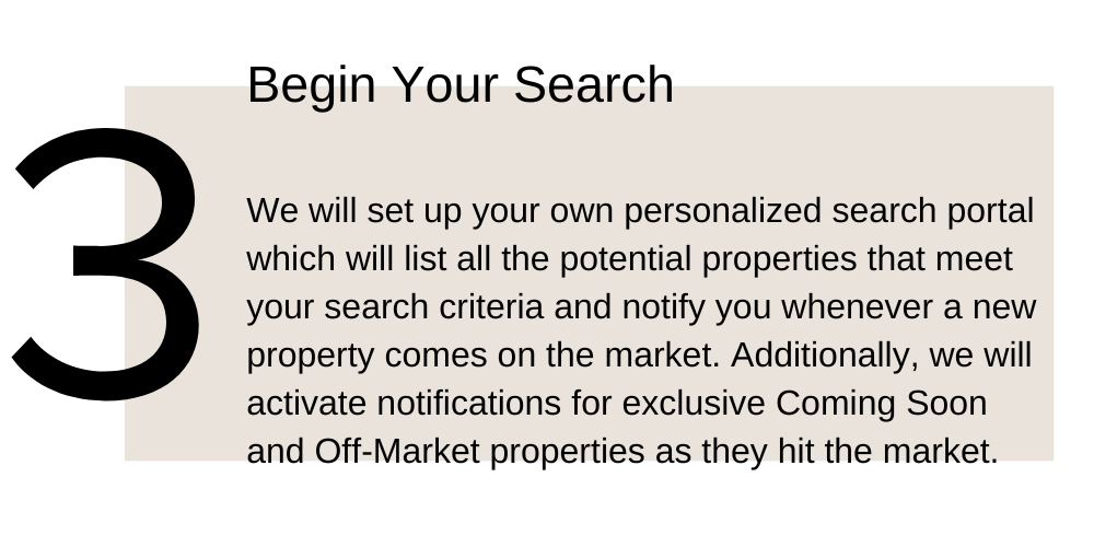 3. Begin Your Search. We will set up your own personalized search portal which will list all the potential properties that meet your search criteria and notify you whenever a new property comes on the market. Additionally, we will activate notifications for exclusive Coming Soon and Off-Market properties as they hit the market.