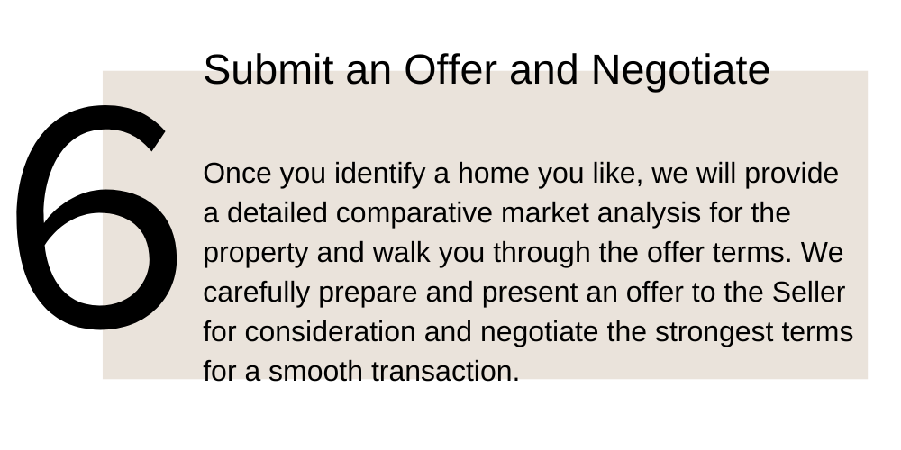 6. Submit an Offer and Negotiate. Once you identify a home you like, we will provide a detailed comparative market analysis for the property and walk you through the offer terms. We carefully prepare and present an offer to the Seller for consideration and negotiate the strongest terms for a smooth transaction.