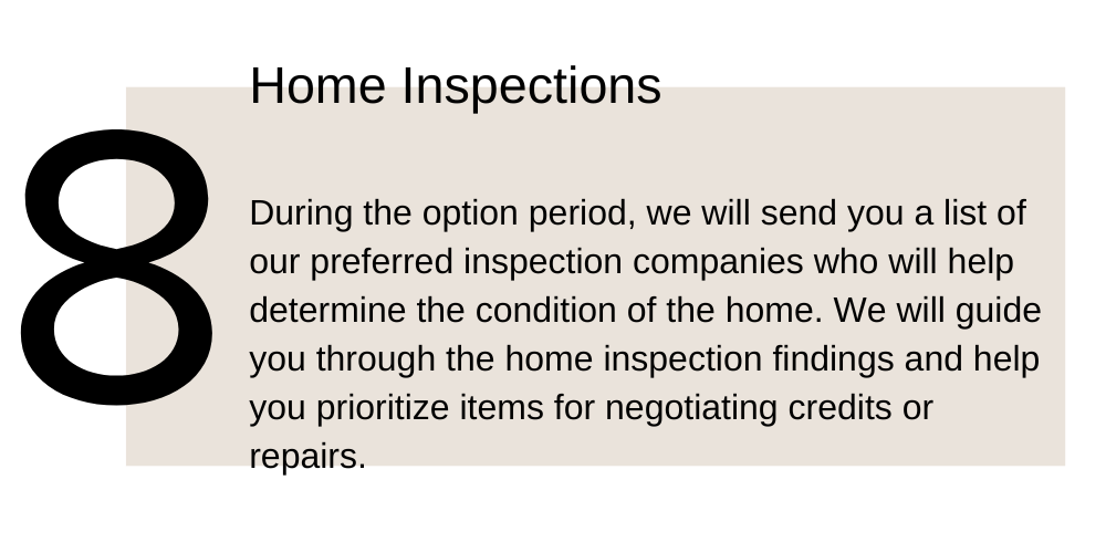 8. Home Inspections. During the option period, we will send you a list of our preferred inspection companies who will help determine the condition of the home. We will guide you through the home inspection findings and help you prioritize items for negotiating credits or repairs.