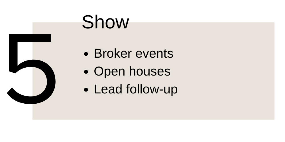 5. Show. Broker events. Open houses. Lead follow-up.